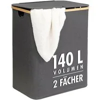 tasir Wäschebox Wäschekorb, 140 Liter, 2 Fächer, mit Deckel und Bambus-Rahmen, Wäschesammler mit 2x Wäschesack zum herausnehmen, grau faltbar