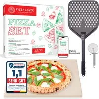 Pizza Lover Pizzastein Pizzastein-Set - Pizzaschieber + 30x38cm Backstein + Roller, (4in1, Pizzastein aus Cordierit, harteloxierte Pizzaschaufel, Pizzaroller), 4in1 Pizzastein-Set mit Pizzaheber