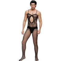 Lau-Fashion Lange Unterhose Träger Catsuit Bodystocking Netz Spitze Transparenz Dessous Gay S/M/L