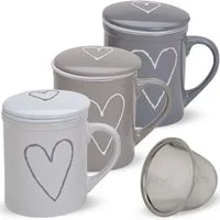 matches21 HOME & HOBBY Tasse Teetassen 2er Set mit Deckel und Teesieb Landhaus-Stil Herzen, 6-tlg., Porzellan, Tee Kaffee-Becher Kaffeetassen, klassisch, grau weiss, 300 ml