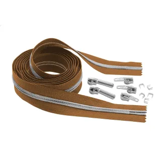 buttinette Endlosreißverschluss im Set, mit silberfarbiger Spirale 6,5 mm, 2 m, camel