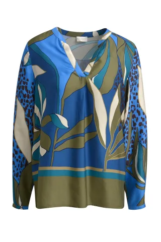 Milano Italy - V-Neck Blouse, pleat at cf and 1/1 sleeves oliv print - Gr. - 40