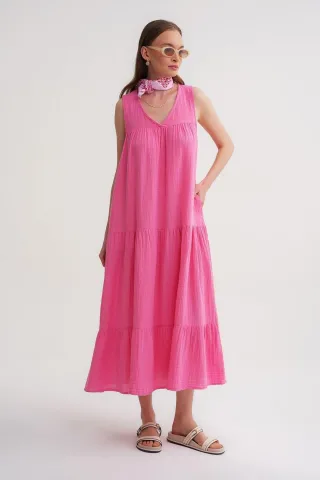 Ärmelloses V-Ausschnitt Muslin Midi-Kleid mit Taschen