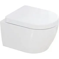 Aqua Bagno Tiefspül-WC spülrandlose Toilette mit WC-Sitz weiß kurzes WC Wand-WC, wandhängend, Abgang waagerecht