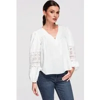 OMBRE Langarmbluse Damen Bluse V-Ausschnitt Boho Style Weiß L (kein Set, 1-tlg) Ażurowe Einsätze an den Ärmeln, leicht transparenter Effekt