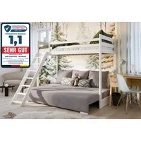 Kids Collective Hochbett 90x200 cm mit Schlafsofa 140x200 cm Couch in Cord-Stoff, 3 Kissen (Stockbett mit Leiter und Schlafcouch 200x140) OEKO TEX 100 mit 3 Kissen Sofa Etagenbett weiß 200x90 grau hellgrau