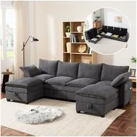 Merax Ecksofa mit USB-Anschlüssen, 6-Sitzer Sofa mit Cordbezug, L-/U-Form Sofa, 280 L x 152 B x 83 H cm 1 Teile, mit 2 abnehmbaren Fußhockern, 6 Staufächern, Getränkehaltern, 2 Kissen