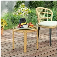 Outsunny Beistelltisch mit Glas Tischplatte (Gartentisch aus Polyrattan, 1-St., runder Couchtisch), für Wohnzimmer Garten Terrasse Balkon, Ø50 cm Gelb