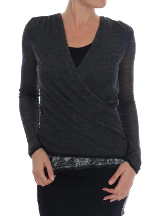 Ermanno Scervino Graues Woll-Spitzenoberteil Langarm-T-Shirt