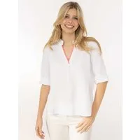 Zwillingsherz Schlupfbluse "Neon Kante" Musselin, eingefasster V-Neck in Neon, 3/4 Arm, hinten leicht länger