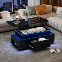 KLAM HOME Couchtisch Höhenverstellbarer Couchtisch Mit LED Beleuchtung Und Schublade (Multifunktionaler Kaffeetisch Mit Hydraulik Hub Und Stauraum), Modernes Wohnzimmer Beistelltisch Schwarz Hochglanz Für Büro Und Party