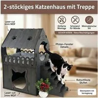 Jungengel Tierhaus Zweistöckiges Katzenhaus aus MDF – Dunkelbraun – in XL, XXL, 3XL, Werkzeugfreier Aufbau, Doppelgeschossig, Balkon, Treppe, Katzenöffnung