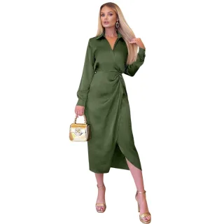AX Paris - Midi Hemd Kleid für Damen, Satin (Oliv)