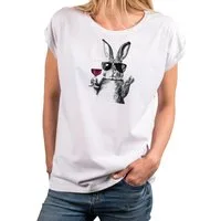 MAKAYA T-Shirt Damen Shirt mit Hase, Weinglas & Sonnenbrille – witziger Print (Weiß, Rosa, Dunkelgrau, 34, 36, 38, 40, 42, 44, 46, 48, 50) Baumwolle