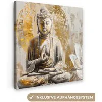 OneMillionCanvasses® Leinwandbild Buddha - Blume - Lotusblume - Weiß - Gold - Zen, Fotodruck (1 St), Wandbild, Deko Schlafzimmer Wohnzimmer Flur 20x20 cm