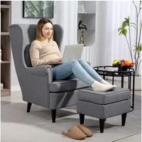 HOMCOM Relaxsessel Ohrensessel mit Hocker, Polsterstuhl mit Liegefunktion (Polstersessel mit hoher Rückenlehne aus Stoff, 2-St., TV-Sessel für Schlafzimmer, Wohnzimmer), 83 x 75 x 104 cm, Grau
