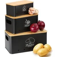 SURFOU Aufbewahrungsbox Kartoffel Aufbewahrungsbox Vorratsdose 3er Set Küche Aufbewahrung (mit Bambusdeckel), für Kartoffeln Zwiebeln & Knoblauch Hält Länger Frisch