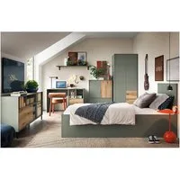 Lomadox Jugendzimmer-Set PARMA-129, (Sparset, 6-tlg., Kleiderschrank Schreibtisch Wandpaneel Kommode Bettgestell Lowbboard), in grau-grün mit Eiche Nb., 120x200 cm Liegefläche