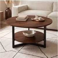 skølm Couchtisch Drakkar aus Massivholz Eiche, Tisch mit Metallgestell (Walnussoptik), Wohnzimmertisch Ø70 cm mit 2 Ablageflächen