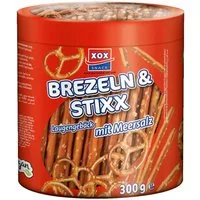 XOX Knabberei, XOX Salzstangen Brezeldose knuspriges Laugengebaeck zum Teilen 300g