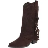 Ital-Design Damen Boots mit Fransen und perforiertem Design Westernstiefel (91154618) Blockabsatz Stiefel in Dunkelbraun