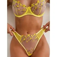 Elegant Love Set: Push-up-BH Bestickter BH & Tüll-Tanga, Transparentes Mesh-Dessous (Set, 2-tlg., mit String, Panty) elegantes Lingerie Sexy Set, Unterwäsche für Frauen