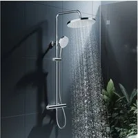 HOROW Brausegarnitur Duschsystem ohne Armatur, Regendusche Set Chrom mit Messing Ventilkern, 5 Strahlart(en), Regendusche Set, mit 5 Strahlarten Handbrause, 5 Modi Duschkopf, Höhenverstellbar, Wassersparend Duschset