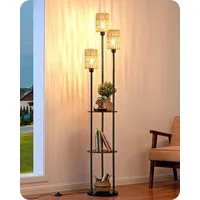 EDISHINE Stehlampe Wohnzimmer, LED wechselbar, warmweiß, Boho Stehlampe, 3-flammige Standleuchte mit Regalen