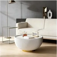 PEALOV Couchtisch mit Keramikplatte und geriffelter Basis, Ø 65 × H 36 cm (1-St), Runder moderner Wohnzimmertisch für Wohnzimmer, Balkon & Büro