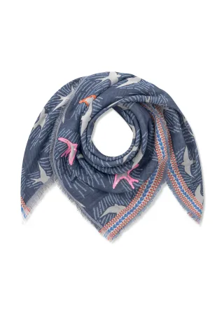 Jacquard-Tuch aus Baumwollmischung mit Vogelmotiven und Stickerei blau - Gr. - one size