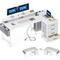 ODK Eckschreibtisch L-Form mit 4 Schubladen, 2 USB Ladeanschlüssen & 2 Steckdosen
