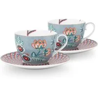 PiP Studio Tasse Flower Festival Tasse mit U. Light Blue 280ml Set2, Porzellan, Set/2 Cups & Saucers Flower Festival Light Blue 280ml