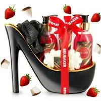 BRUBAKER Pflege-Geschenkset Dusch- und Badeset mit Erdbeer und Kokosnuss Duft, Pflegeset, 6-tlg., Beauty Geschenkset in Keramik Stiletto für Frauen