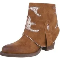 Ital-Design Modische Stiefelette mit Glitzer-Details für Damen Westernstiefelette (90482699) Blockabsatz Stiefeletten in Camel