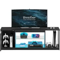 Bestier Lowboard TV-Schrank, Fernsehschrank mit RGB-LED (Breite 144,8 cm mit 2 offenen Fächern und 1 Tür), Fernsehtisch mit verstellbaren Glasböden für Wohnzimmer, Schlafzimmer