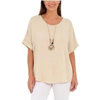 dy_mode Kurzarmbluse Kurzarmbluse Damen Blusenshirt Oberteil Oversize Tunika in Unifarbe, mit Statementkette