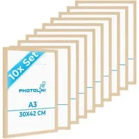 PHOTOLINI Bilderrahmen 10er Set modern mit bruchsicherem Acrylglas, Holz MDF, Fotos & Poster, für 10 Bilder (10er Set), Posterrahmen A3 30x42 cm Natur zum Aufhängen