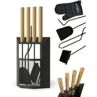 holz4home® Kamingarnitur Kaminbesteck 6-tlg. Schwarz mit Holzgriff inkl. Ofenhandschuh, (6. tlg), Komplettset