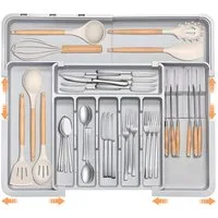 AIMAX Organizer Ausziehbarer Besteckkasten für Schubladen mit Abnehmbar Messerhalter (PP Besteckhalter Besteckeinsatz Schubladeneinsatz Besteckorganizer, 1 St., 9 Fächer, Platzsparend & Erweiterbar 33–36.8 bis 48.2–55.8 cm(Grau), Küchenschubladen Org