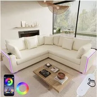 Merax Ecksofa mit LED-Beleuchtung und USB- & USB-C-Ladeanschluss, 198×198×83cm 1 Teile, L-förmiges Sofa Ecksofa, 5-Sitzer Couch mit Kissen, Cordstoff
