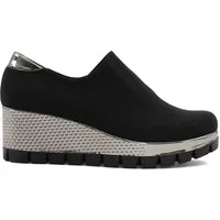 Celal Gültekin Keilabsatz Plateau Schuhe Damen Slip-on Stretch Schlupfform Keilsneaker Stretch, silberfarbene Sohle, Schwarz/Silber, 38