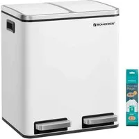 SONGMICS Mülleimer 2 Fächer, Mülltrennsystem, Treteimer, Abfalleimer Küche, 15 Müllsäcke, 2 x 15 L, Inneneimer aus Kunststoff, Klappdeckel, Softclose, luftdicht