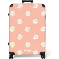 NoBoringSuitcases.com© Hartschalen-Trolley Pastellorange mit Gänseblümchen 77 cm - 98 L, 8 Rollen, Hartschalenkoffer Groß für 30kg, Frauen Reisekoffer Trolley