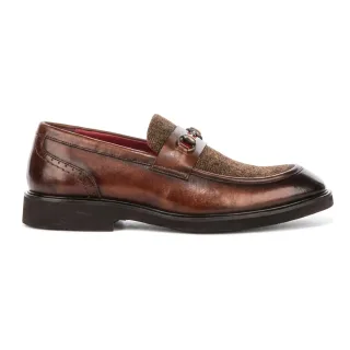 Justin Reess Herren beige Leder-Fischgrät-Tweed-Loaferschuhe – Tristian