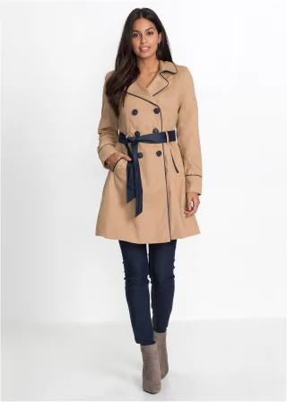 bonprix Trenchcoat in A-Linie, beige, Gr.52, Modischer Trenchcoat mit zeitlosen Farbkontrasten, 82% Polyester