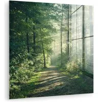 MuchoWow Acrylglasbild Wald - Weg - Sonne - Bäume - Grün - Natur, Inkl. Aufhängung, Bilder auf Glas Wandbild, Wanddeko Wohnzimmer Badezimmer, 20x20 cm