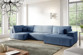 Wohnlandschaft Schlafsofa CORUNIA Stoff Poso Blau Ottomane Rechts
