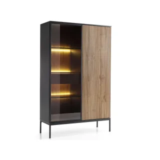 Graingold Vitrine, Eiche Wotan, Metall, 8 Fächer, 1 Schubladen, 104x166x39 cm, Wohnzimmer, Wohnwände, Vitrinenschränke