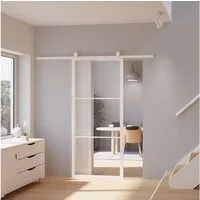 inova wohnen Glasschiebetür Klarglas weißer Stahlrahmen, Komplett Set offene Laufschiene Softclose Loftstyle