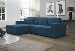OUTLET Ecksofa Schlafsofa Sofa CONOR Stoff Marineblau Ottomane Links